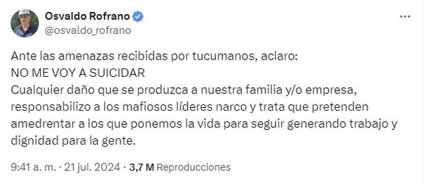 El mensaje de Osvaldo Rofrano días antes de ser encontrado sin vida en su casa de Mendoza