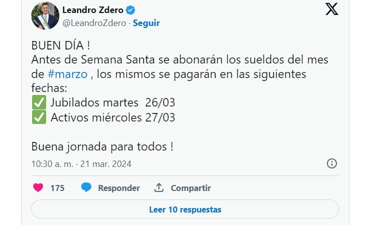 «Gobernador Zdero anuncia fechas de pago de salarios para la administración pública del Chaco.»